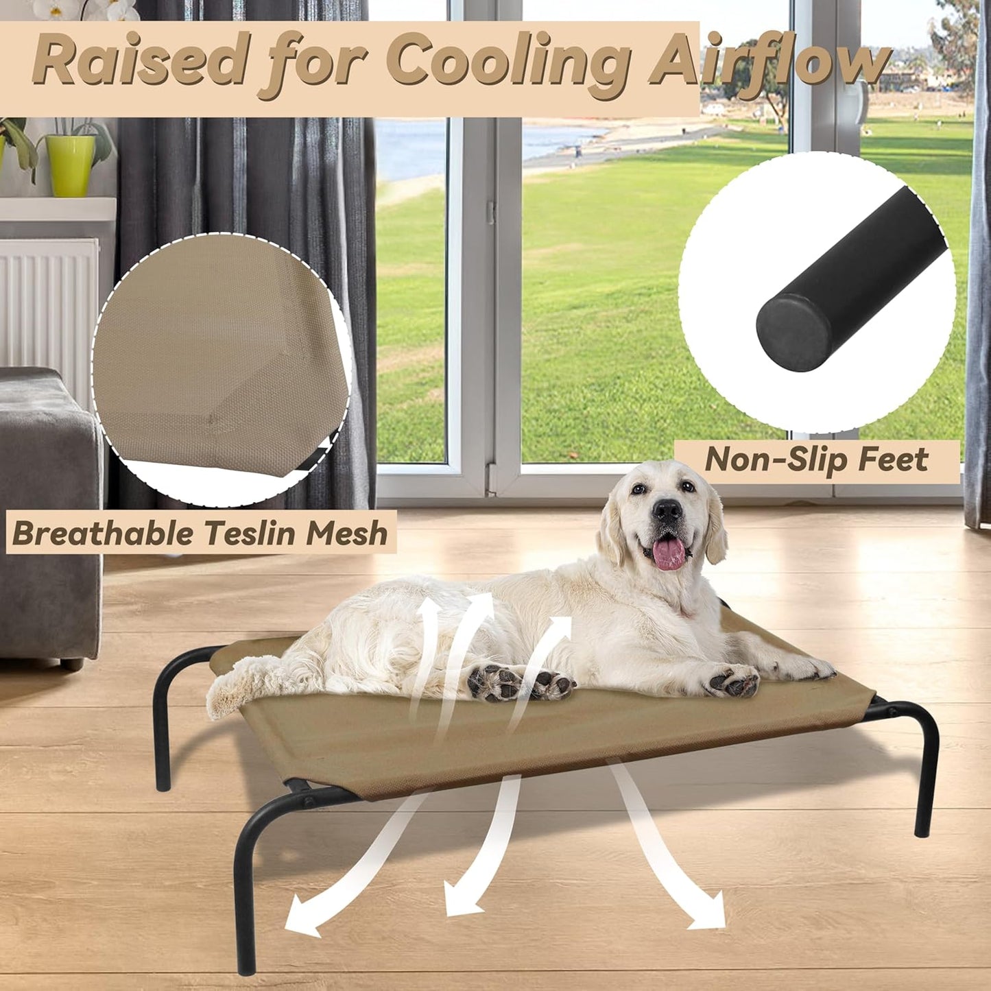Elevated Dog Bed for Large Dogs, Raised Dog Bed with Breathable Mesh, Non Slip, Easy to Clean, 50.5 Inches, Brown
